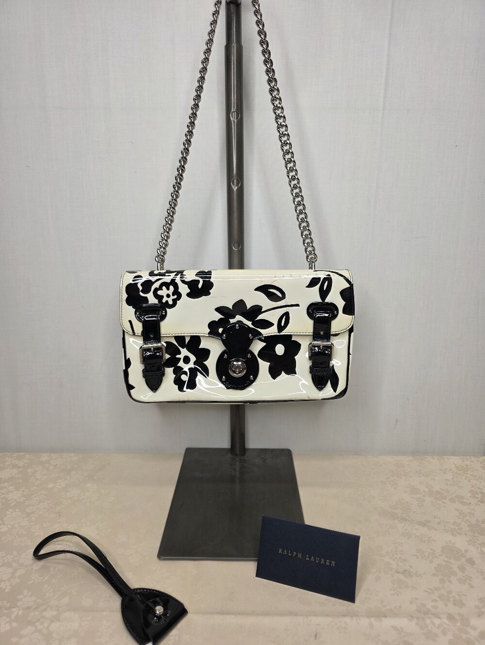 Ralph Lauren Collection Black White Floral Patent Leather Ricky Chain Shoulder B